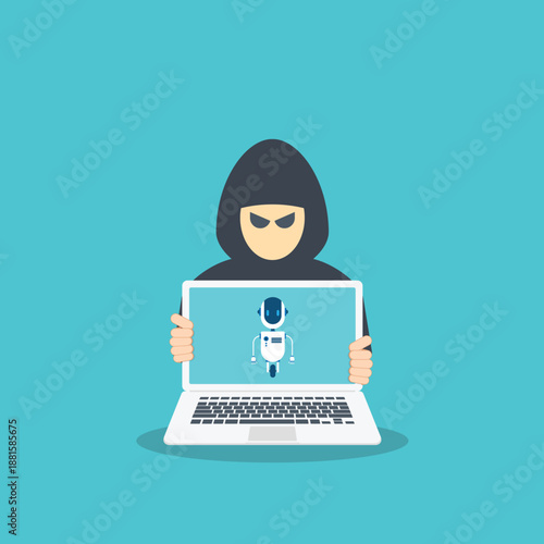 Hooded figure using ai robot laptop symbolizing artificial intelligence in cybersecurity, hacking, and data threats	