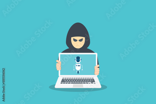 Hooded figure using ai robot laptop symbolizing artificial intelligence in cybersecurity, hacking, and data threats	