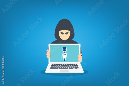 Hooded figure using ai robot laptop symbolizing artificial intelligence in cybersecurity, hacking, and data threats	