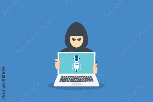 Hooded figure using ai robot laptop symbolizing artificial intelligence in cybersecurity, hacking, and data threats	