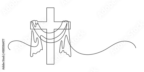 Cross with cloth. Good Friday symbol. Continuous line drawing. Christianity religion concept. Frame border.