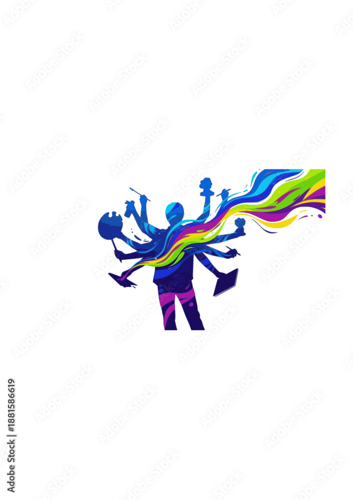 Obraz premium Neuro-divergent Creativity Flow Silhouette, Artist with Multiple Hands Concept, ADHD Hyperfocus and Productive Genius Vector Art
