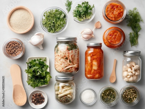 Kitchen table with jars of food, herbs, spices, and various ingredients for preparing meals in a home setting during daytime