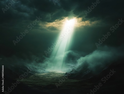 Light breaks through clouds over a valley as fog covers the ground at dawn in a remote natural setting