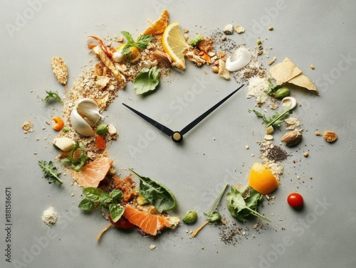 Food arranged like a clock with fresh ingredients and spices placed around black clock hands