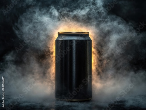 Black can in mist with light highlighting edges at an undisclosed location