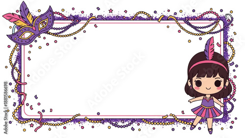 Mardi gras carnival frame with cute girl and mask illustration.