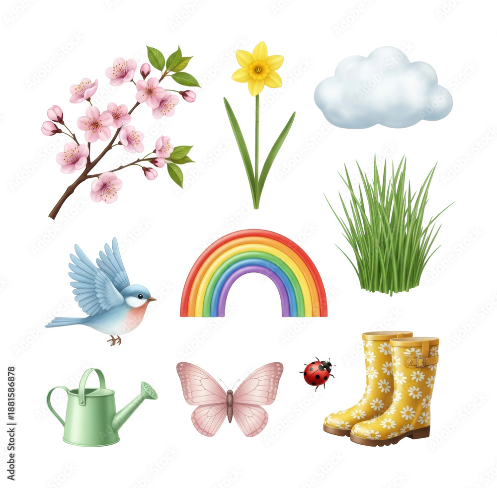 Fototapeta premium Spring garden elements flowers rainbow and nature graphics isolated on transparent background