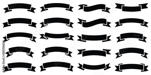 Collection of black ribbon banner vector illustrations for design, including decorative ribbons, headers, labels, ornamental elements, typographic accents, and high ranking professional creative 