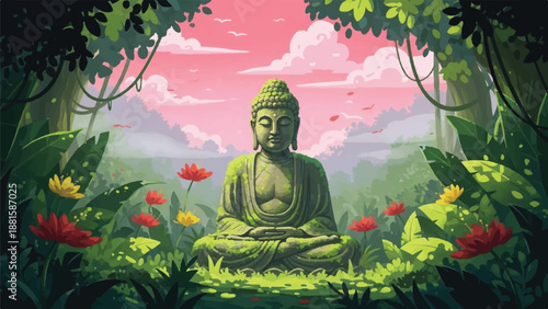 Buddha statue meditating in a lush tropical jungle landscape.