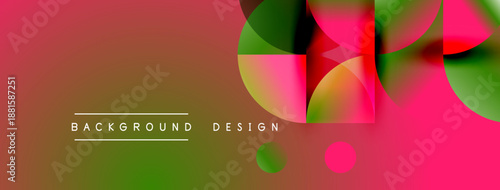 Abstract vibrant background. Overlapping circles, squares create dynamic visual effect. Pink, green hues dominate composition. Modern design element.