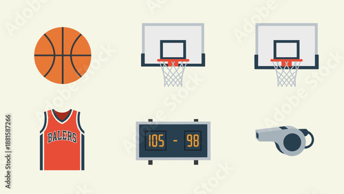 Basketball game elements including ball, hoops, jersey, scoreboard, and whistle.