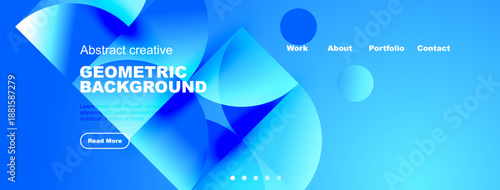 Blue abstract design. Geometric shapes overlap, creating dynamic visual effect. Website header with navigation options present.