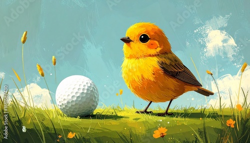 A vibrant yellow bird standing beside a golf ball on a lush green grassy field.