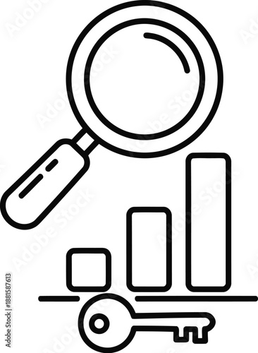 Analyzing search engine optimization data and finding keywords with a magnifying glass isolated on white background