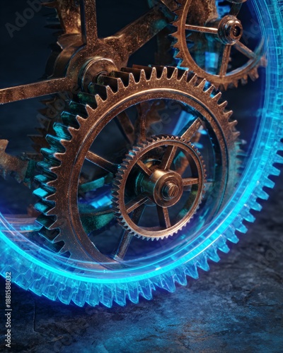 Intricate Antique Brass Clockwork with Futuristic Blue Neon Glow in Focus