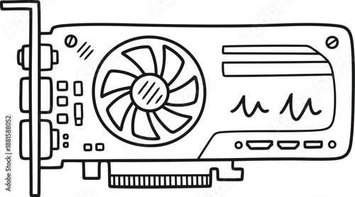 Line drawing icon representing a modern computer graphics card for technology and gaming concepts isolated on white background