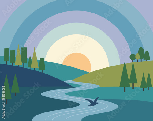 Serene Landscape with Rainbow and River in Flat Design Style with Soft Color Palette and Gradient Effect for Environmental Conservation
