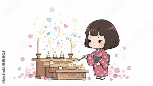Cute anime girl in kimono lighting candles on a tiered altar.