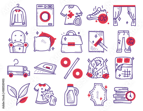Laundry service doodle icon set vector isolated. Collection of hand-drawn icons for dry cleaning service. Clean carpet, curtains and fur clothing. Washing machine and detergent.