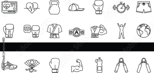 Fitness and boxing icons illustration showing gym equipment, workout symbols, martial arts gear, healthy lifestyle, sports training line art set
