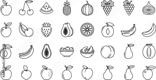 Hand drawn fruit icons collection showing apple banana orange grape pineapple watermelon pear fig cherry line art illustration set