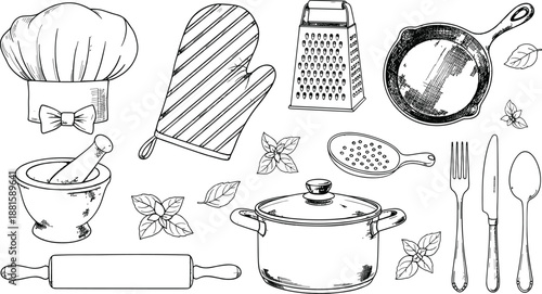 Hand drawn kitchen utensils and cookware illustration showing cooking tools, chef equipment, culinary accessories, food preparation line art set
