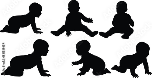 Baby crawling and sitting silhouette collection showing infant development stages newborn growth milestones and childcare concepts isolated on white background for education and parenting design