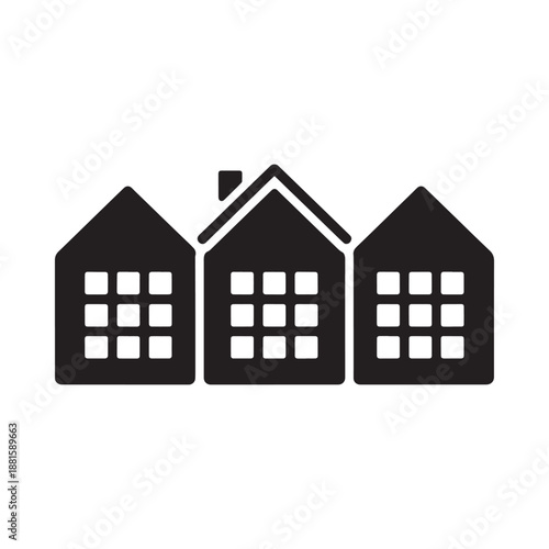 simple black and white icon of three houses