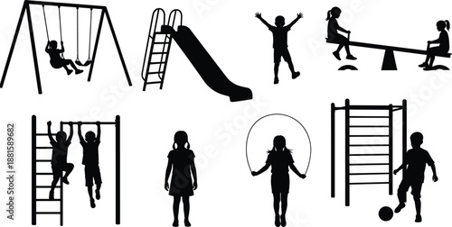 Children playground activity silhouettes featuring swings slides seesaw climbing jumping rope ball play illustrating outdoor fun recreation sports isolated on white background