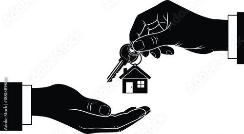 Home key handover silhouette with house icon real estate property purchase rental agreement security concept illustration design