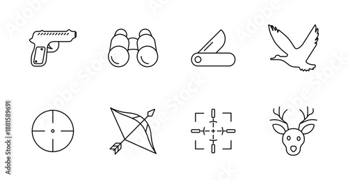 Hunting set icon. Handgun, binoculars, folding knife, flying bird, crosshair, bow, target lock, deer head rendered with clean hunting-style line icons.