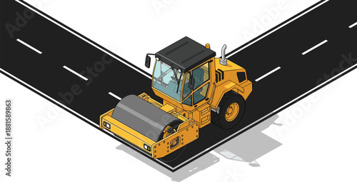 Isometric road roller illustration showing construction machinery compacting asphalt on highway, heavy equipment, infrastructure development, roadwork concept design