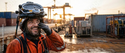 Diver in helmet wiping sweat, smiling at port with cranes and containers Industrial maritime worker