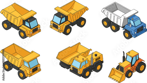 Construction vehicles vector illustration set featuring dump trucks and loader machines in isometric style isolated on white background for industrial engineering design