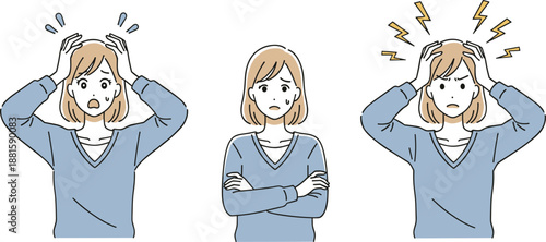Stressed woman emotions illustration showing anxiety headache frustration and mental health concepts, emotional states sequence, psychology awareness design artwork
