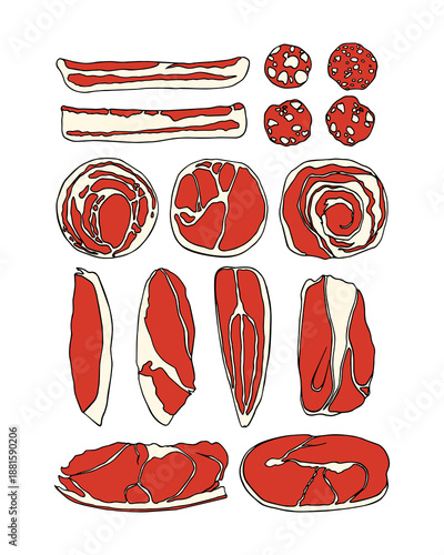 Vector poster with hand drawn slices of cured meats. Beautiful design elements, perfect for any business related to meat processing industry.