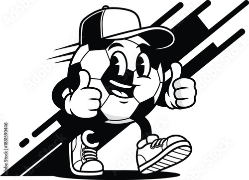 Soccer ball cartoon character vector, thumbs up pose, sideways cap, energetic sports mascot illustration