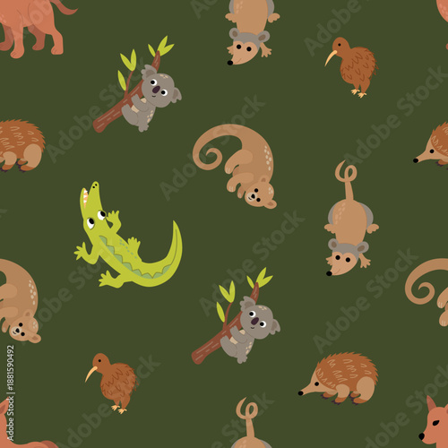 Cute Australian animals, seamless pattern. Kiwi, crocodile, echidna, dingo, koala, wombat, possum