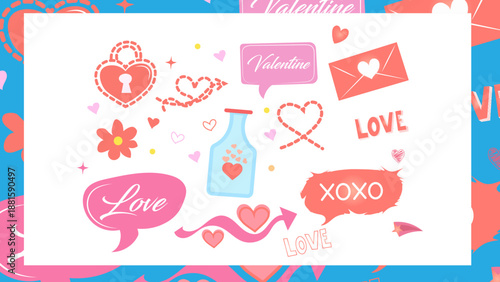 Cute Valentine’s Day illustration set featuring love stickers, heart icons, romantic messages, and decorative elements. Perfect for greeting cards, social media, scrapbooking, posters, and romantic.