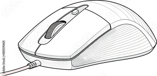 Wired computer mouse technical sketch, scroll wheel, rear button, textured grip, vector tech illustration