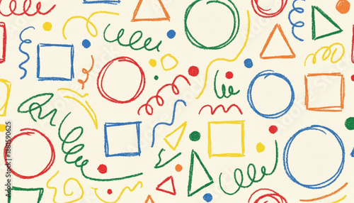 Funky crayon drawn geometric shapes and lines. Colorful pencil or chalk drawn naive Swiss design aesthetic. Basic geometric shapes, dots, playful pattern, primitive forms and figures