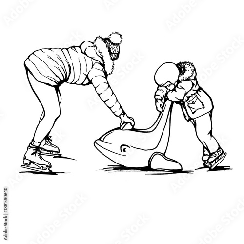 Family winter fun, mother helping her child to ice skate with dolphin skating trainer at ice rink. Black and white outline illustration, hand drawn work isolated on white background.