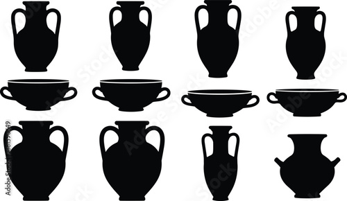 Grid of twelve black silhouettes of ancient pottery vessels showcasing diverse historical jar shapes for archaeology, art history, and cultural design references.