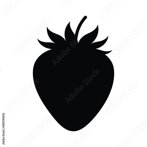 Minimal strawberry black berry fruit icon with leafy stem Silhouette Vector illustration On white Background