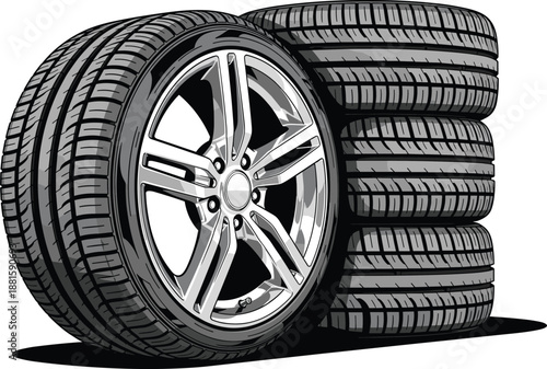 Car tire vector set, alloy wheel and horizontal stack, black and white automotive illustration with tread detail