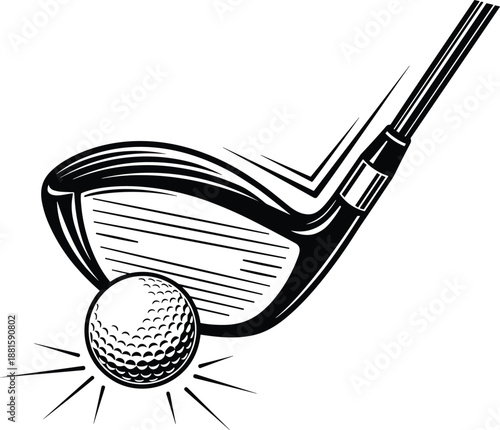 Golf club hitting ball illustration, impact moment, dynamic motion lines, black and white sketch, sports vector drawing