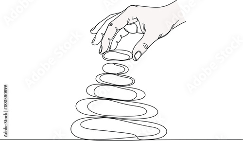 Mindfulness stone stacking vector, hand placing balanced pebble, minimalist black and white zen illustration
