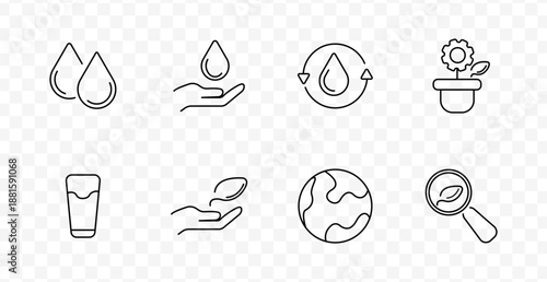 Sustainability set icon. Water drops, hand with droplet, recycle arrow with drop, potted plant with gear, glass of water, leaf in hand, earth, magnifier with leaf, all outlined.