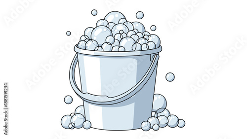Simple blue bucket overflowing with white soap bubbles and foam on a white background represents cleaning and hygiene chores.